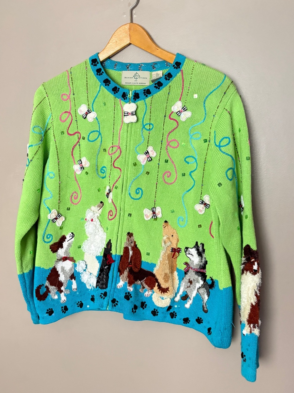 VTG Design Options Philip Jane Gordon Dog Cardigan Sweater XL Green novelty EUC